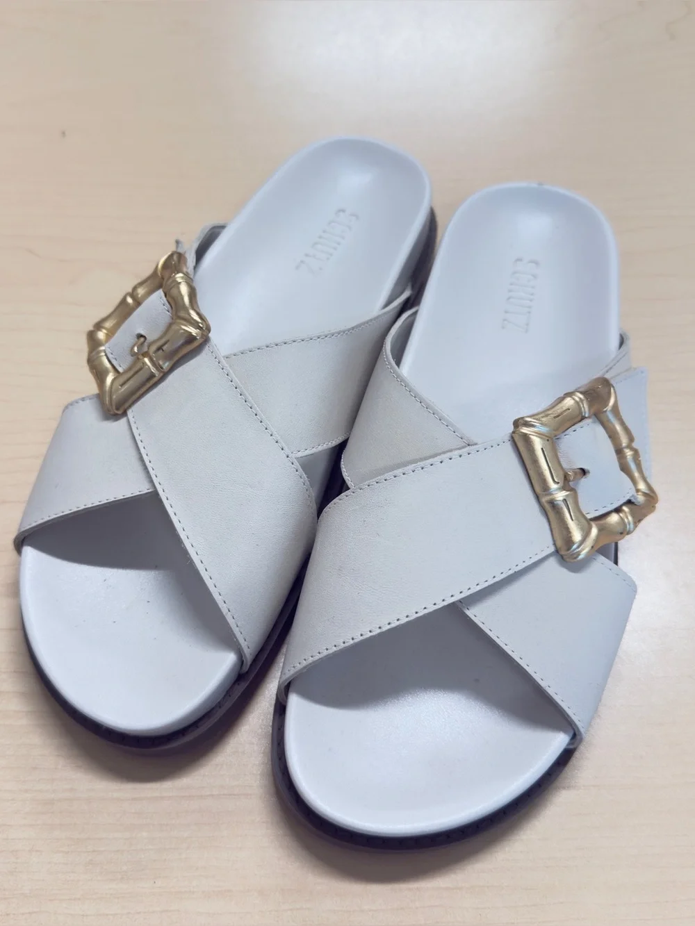 SCHUTZ Enola Leather Crossband Gold Buckle Slide Sandals Pearl White 8.5